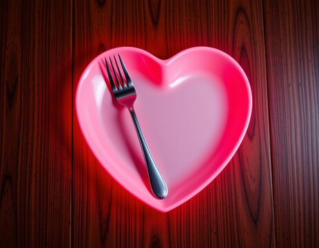 An image of a heart shaped plate holding a fork and knife on top, with a clear and bright lighting effect that gives it a neon glow style