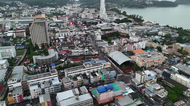 Drone aerial birds eye view patong walking street bangla road phuket town thailand coast city beach