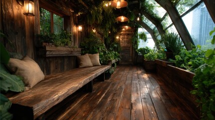 A beautiful indoor garden filled with vibrant greenery and natural light, featuring rustic wood elements, creating an inviting atmosphere for relaxation and connection to nature.