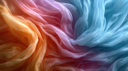 A mesmerizing blend of orange, pink, and blue sheer fabrics flowing together, creating an ethereal and dreamy atmosphere ideal for artistic and fashion-related projects.