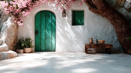 A picturesque stone cottage adorned with vibrant pink flowers, featuring a charming green door that invites you into a peaceful, rustic retreat full of natural beauty.