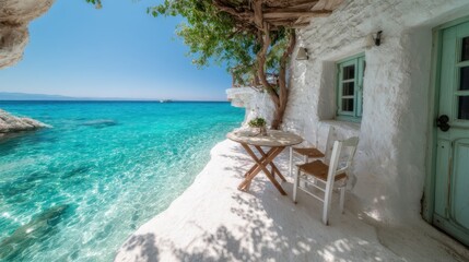 A serene coastal dining spot with a wooden table and chairs overlooking turquoise waters, capturing the essence of relaxation and outdoor dining in beautiful surroundings.