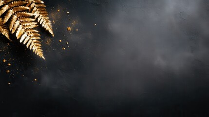 Elegant golden fern leaves with a dark abstract background, artfully arranged to create a striking contrast that symbolizes luxury and nature’s beauty intertwined in artistic form.