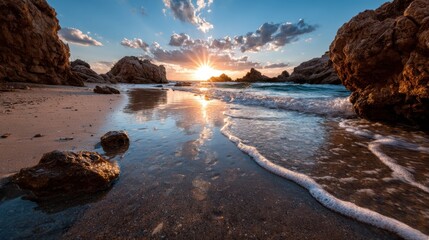 A breathtaking sunset over a serene beach, capturing the golden rays of the sun reflecting on calm waters, complemented by majestic rocks and soft clouds in the sky.