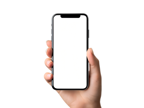 hand holding smart phone isolated on transparent white background, clipping path