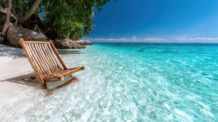 A rustic wooden chair sits idyllically on the edge of a clear blue ocean, inviting relaxation and contemplation amidst the beauty of nature's captivating scenery.
