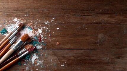 An artistic layout featuring paintbrushes surrounded by vibrant colored powder, evoking creativity and the essence of artistic expression in vibrant colors and textures.