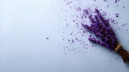 A delicate bouquet of dried lavender rests gently on a soft blue surface, highlighting its rich purple hues and creating a serene and calming atmosphere.