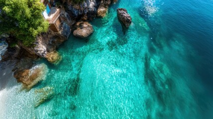 A breathtaking aerial view of crystal-clear waters surrounding rocky formations, showcasing the beauty of nature in a tropical seaside location, perfect for tranquility.