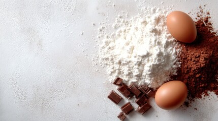 An elegant display of cocoa powder, flour, and fresh eggs, showcasing ingredients fundamental to sweet desserts, igniting the excitement of home bakers and culinary lovers.