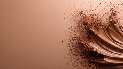 A close-up view of smooth chocolate spread artistically swept across a surface, paired with powdered chocolate, creating an indulgent and sophisticated dessert scene.