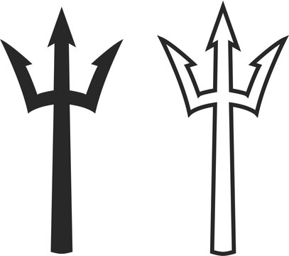 Two combat harpoons or three-pronged spears, symbol of special naval operations or naval special forces, Neptune weapon, harpoon icon line and silhouette in black colors..