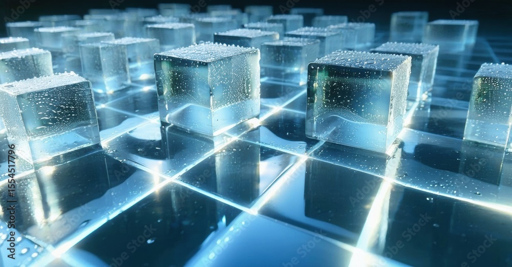 Poster Abstract digital grid. Glowing cubes float above reflective surface. Futuristic technology concept, blue tones dominate scene.