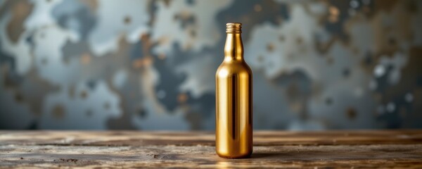 Gold Bottle on Rustic Wooden Table Against Grungy Background