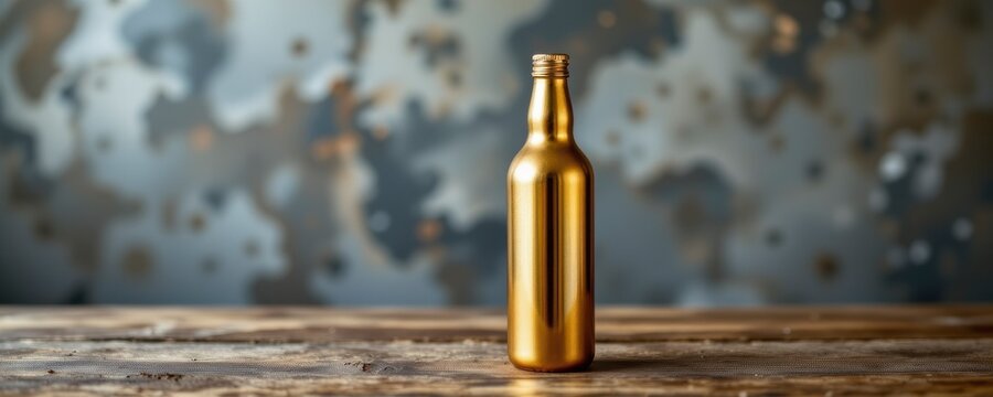 Gold Bottle on Rustic Wooden Table Against Grungy Background