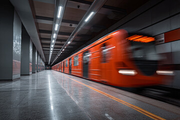 Obraz premium Orange subway train speeding through a modern station underground