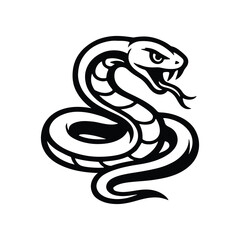 Aggressive Coiled Snake Illustration In Black And White With Fangs And Forked Tongue