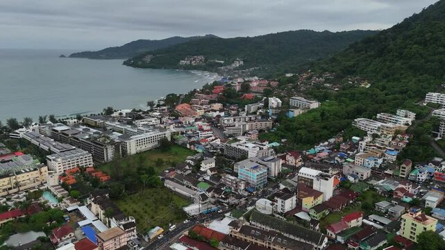 Drone aerial birds eye view patong walking street bangla road phuket town thailand coast city beach