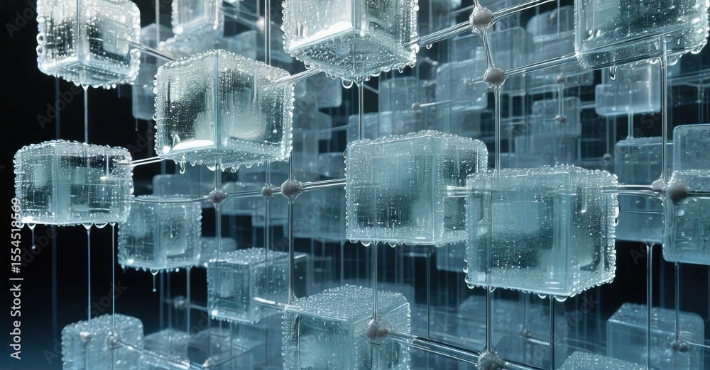 Poster abstract network, glowing cubes connected. water droplets visible, dark background creates depth. fu
