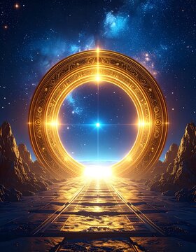 Majestic golden circle with star in background symbolizing a sci-fi warp gate of radiance