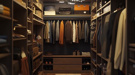 Stylish clothes shoes and home stuff in large wardrobe closet