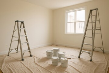 Room setup for renovation, painting and decorating with drop cloth, ladders, paint buckets and brush