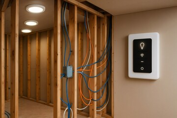 Smart home automation system installation featuring a modern touch screen light switch being installed in a newly constructed wooden frame house