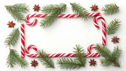 Candy Cane and Pine Frame on White for Festive Holiday Borders