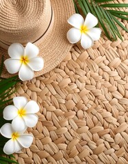 Fresh flat lay of hat, flowers, and palm leaves on rattan background in neutral hues