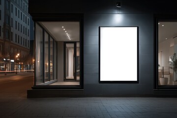 A blank billboard display model in the side view of a shop window, with space for text and image replication