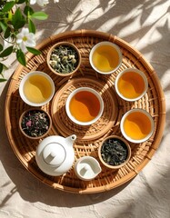 Elegant tray of herbal teas and cups arranged on a natural rattan background aesthetic