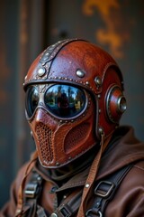 Fototapeta premium Brown Leather Steampunk Helmet with Goggles and Metal Accents