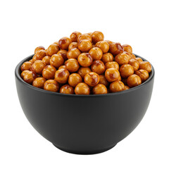 Obraz premium A close-up of a black bowl filled with golden-brown chickpeas, set against a simple background