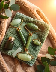 Fresh flat lay of towel and perfume bottles on plush background with sunset soft hues