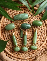 Fresh flat lay of basket with green jade on wicker background radiating cool glowing softness