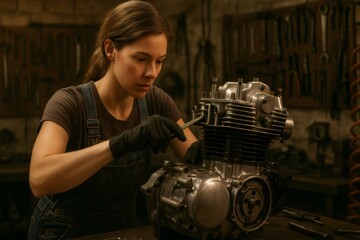Young woman focused on repairing a vintage motorcycle engine, skillfully using tools in a bustling mechanical workshop environment