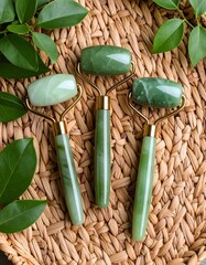 Fresh flat lay of green jade stone earrings on wicker background with glowing softness