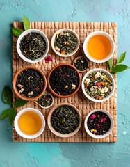 Fresh flat lay of variety of teas on woven background with oceanic hues and softness