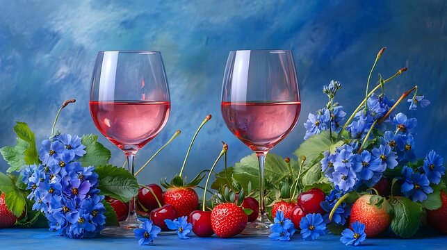 Rose wine glasses strawberry cherries blue cornflowers jn blue background