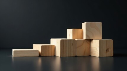 Obraz premium Simple Wooden Blocks Arranged in an Ascending Pattern on a Dark Surface
