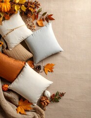 Fresh flat lay of meditation pillows on a canvas background showcasing autumn hues and textures