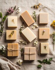 Fresh flat lay of organic soaps with flowers and leaves on a canvas background with dusky hues
