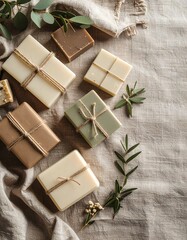 Fresh flat lay of organic soap bars with eucalyptus leaves on a canvas background with dusky hues