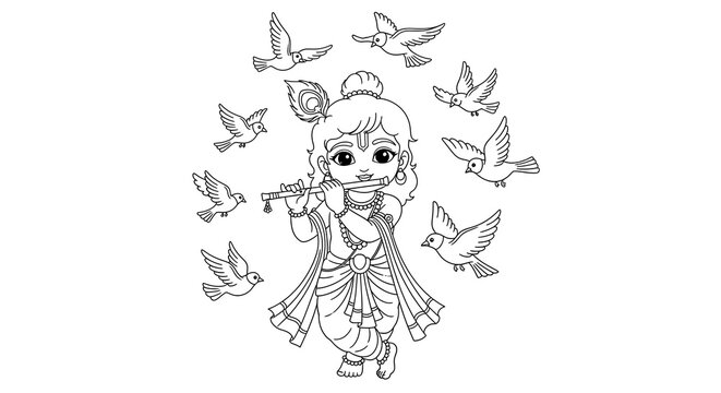 krishna playing flute with birds, black and white clip art preview