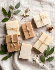 Assorted organic soaps surrounded by a bunch of fresh colorful flowers on cotton