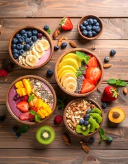 Fresh flat lay of colorful assortment of fruit and nuts displayed on wooden background