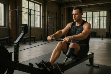 Determined sportsman with a prosthetic leg working hard on a rowing machine in a modern gym, showcasing strength and resilience through exercise