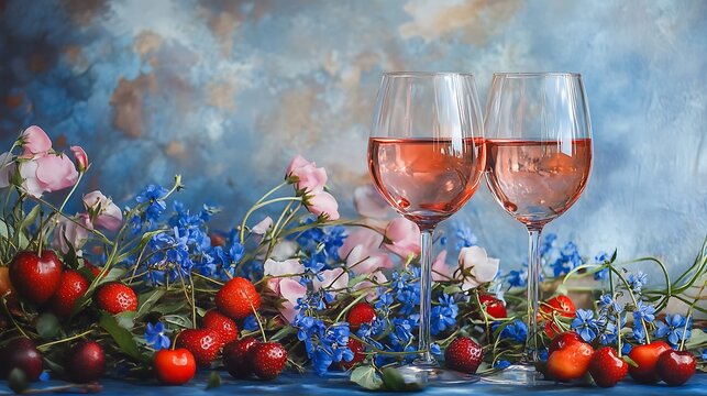 Rose wine glasses strawberry cherries blue cornflowers jn blue background