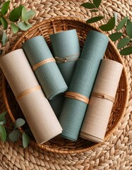 Fresh flat lay of basket holding three rolled up napkins on wicker background with muted hues