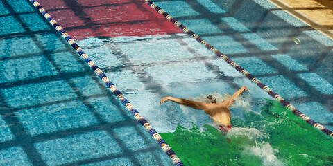 Athlete swims butterfly stroke above Italys flag in vibrant pool light. Dynamic, patriotic...